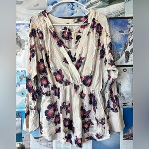 Free People Cream Floral Blouse with Purple & Pink Flowers